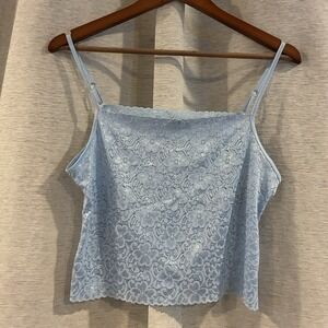 Y2k 2000s‎ vintage baby blue floral lace square neck cropped cami XL Festival